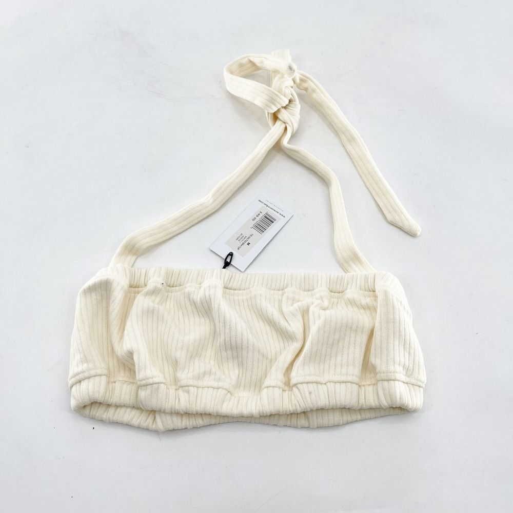 NWT WeWoreWhat Tie Halter Bra Top Women's M Cream Ribbed Bandeau Crisscross - Picture 2 of 4
